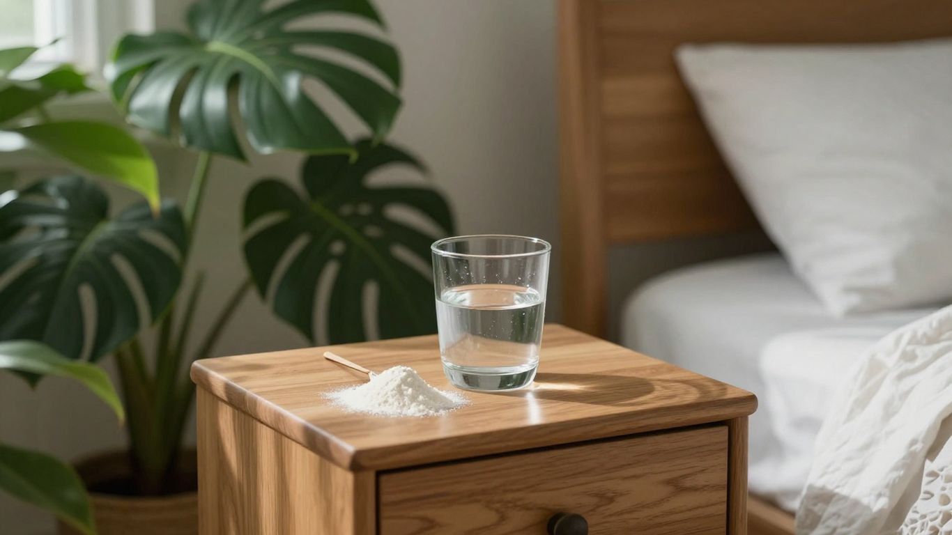 Magnesium glycinate powder next to a glass of water.