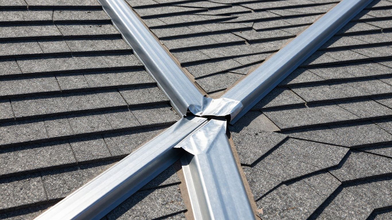 Roof valley intersection with flashing and shingles.