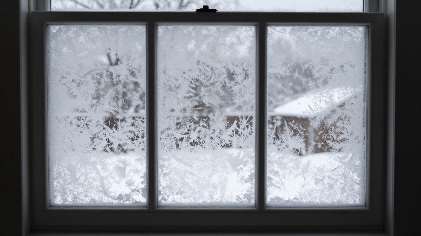 Triple pane window with frost and snow outside in ottawa