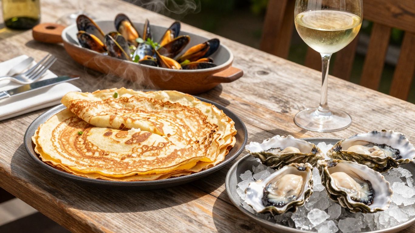 Brittany food spread with crepes, mussels, and oysters.