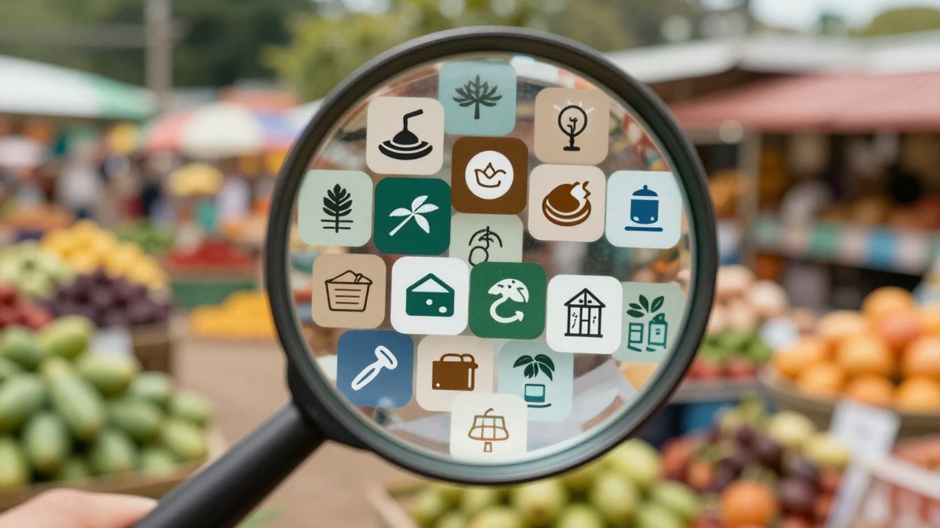 Magnifying glass over Amazon product icons in a crowded market.
