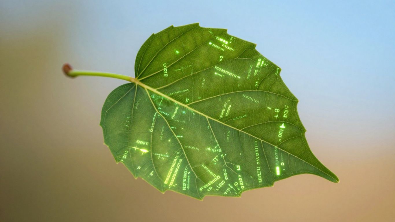 Feuille verte avec des lignes de code lumineuses