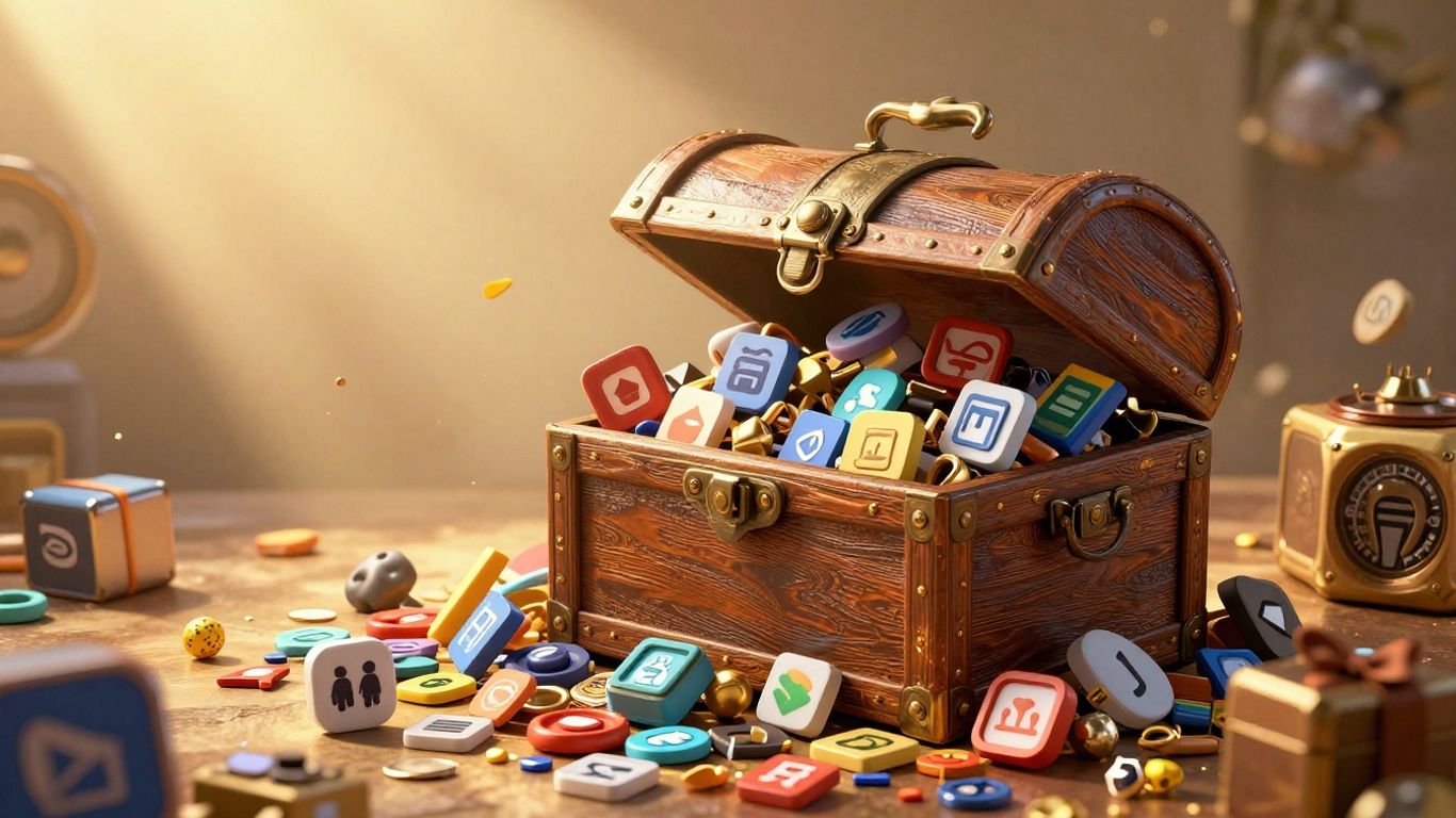 Treasure chest overflowing with software icons and digital symbols.