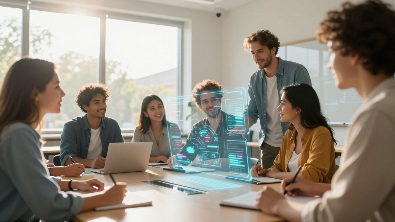 Cadre didactice interacționând cu tehnologie AI în clasă.