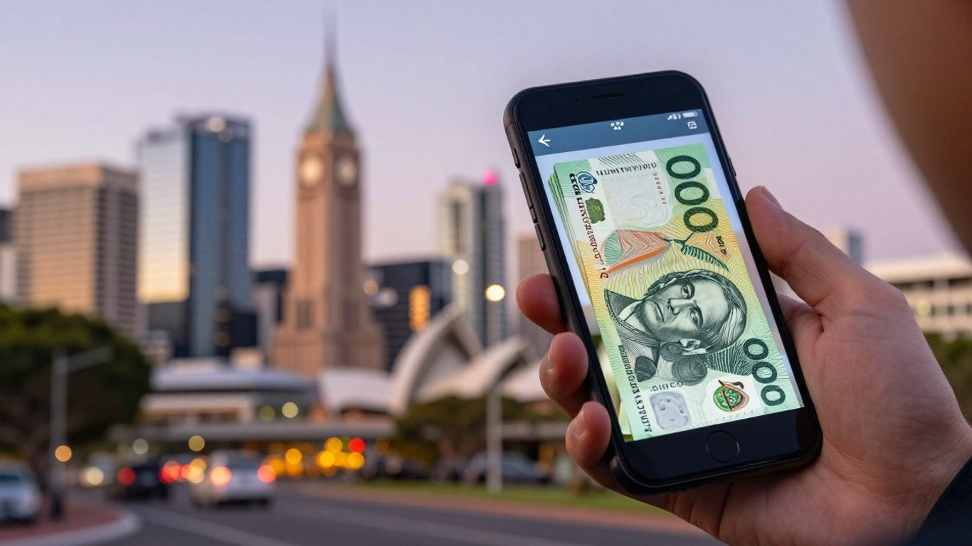 Australian cityscape with money growing on a phone.