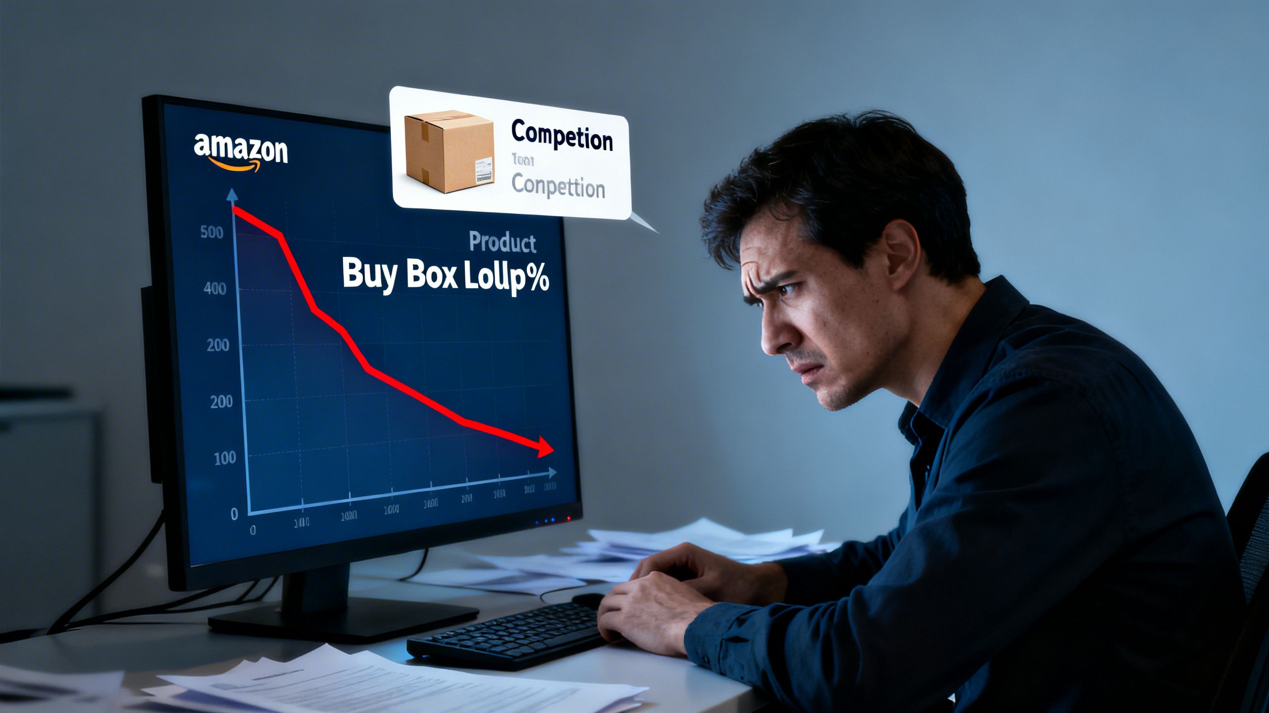 An Amazon seller looking stressed while their product's Buy Box percentage plummets on a graph, with a competitor's product taking its place.