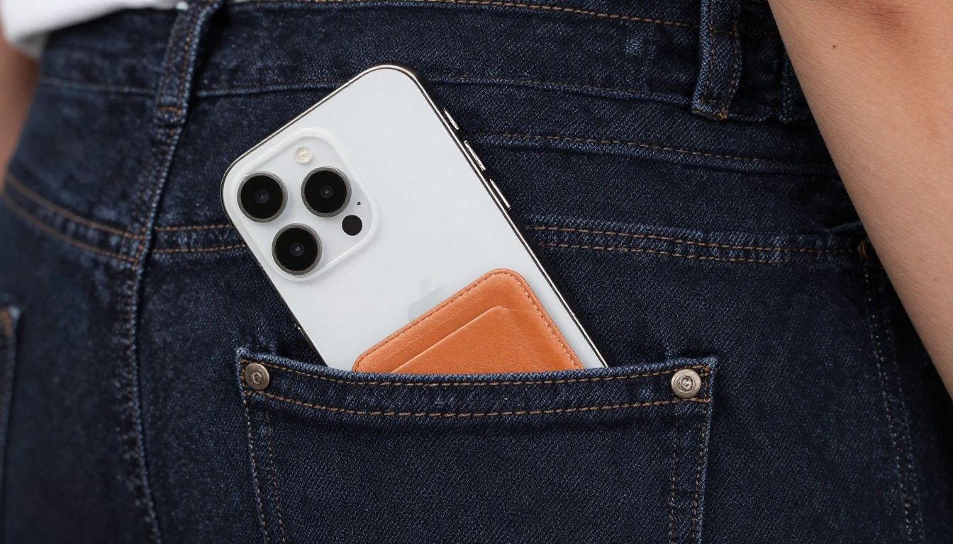 Someone slipping their iPhone 16e with a slim card slot wallet case into their jeans pocket, showing its minimal profile.