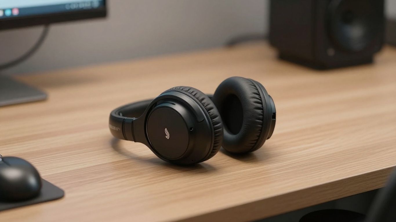 Modern studio headphones resting on a minimalist desk surface