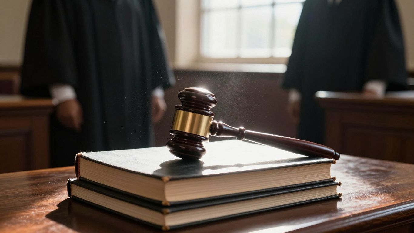 Gavel on books in a courtroom.