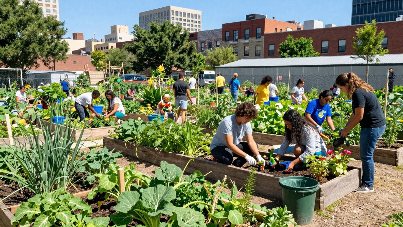 Menschen gärtnern nachhaltig im städtischen Gemeinschaftsgarten
