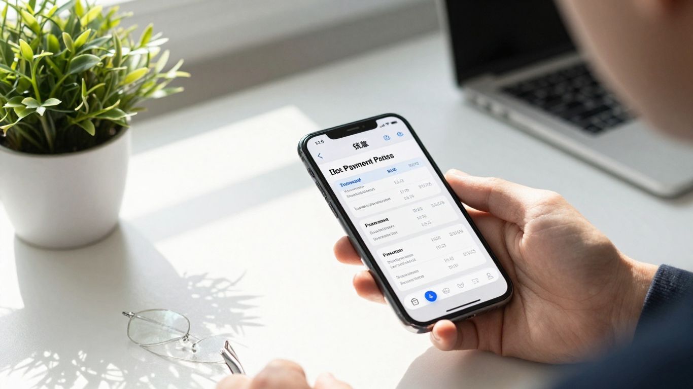 Person reviewing loan payment on a smartphone.