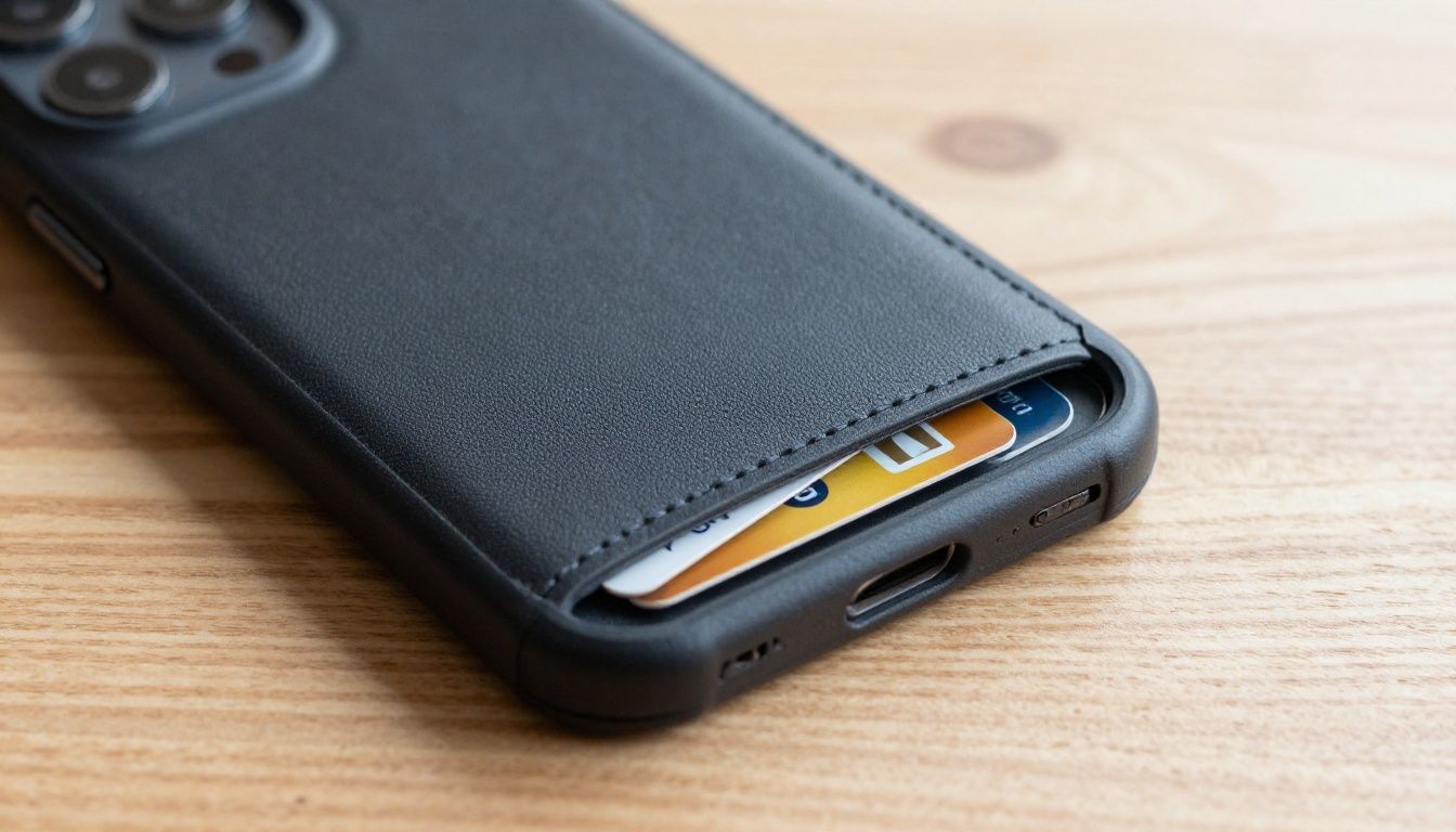 A close-up of an iPhone 17 wallet case on a wooden desk, with two credit cards peeking out from the slots.