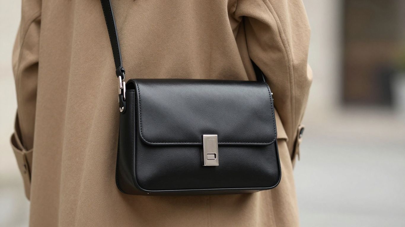 Petit sac à bandoulière noir sur l'épaule d'une femme.
