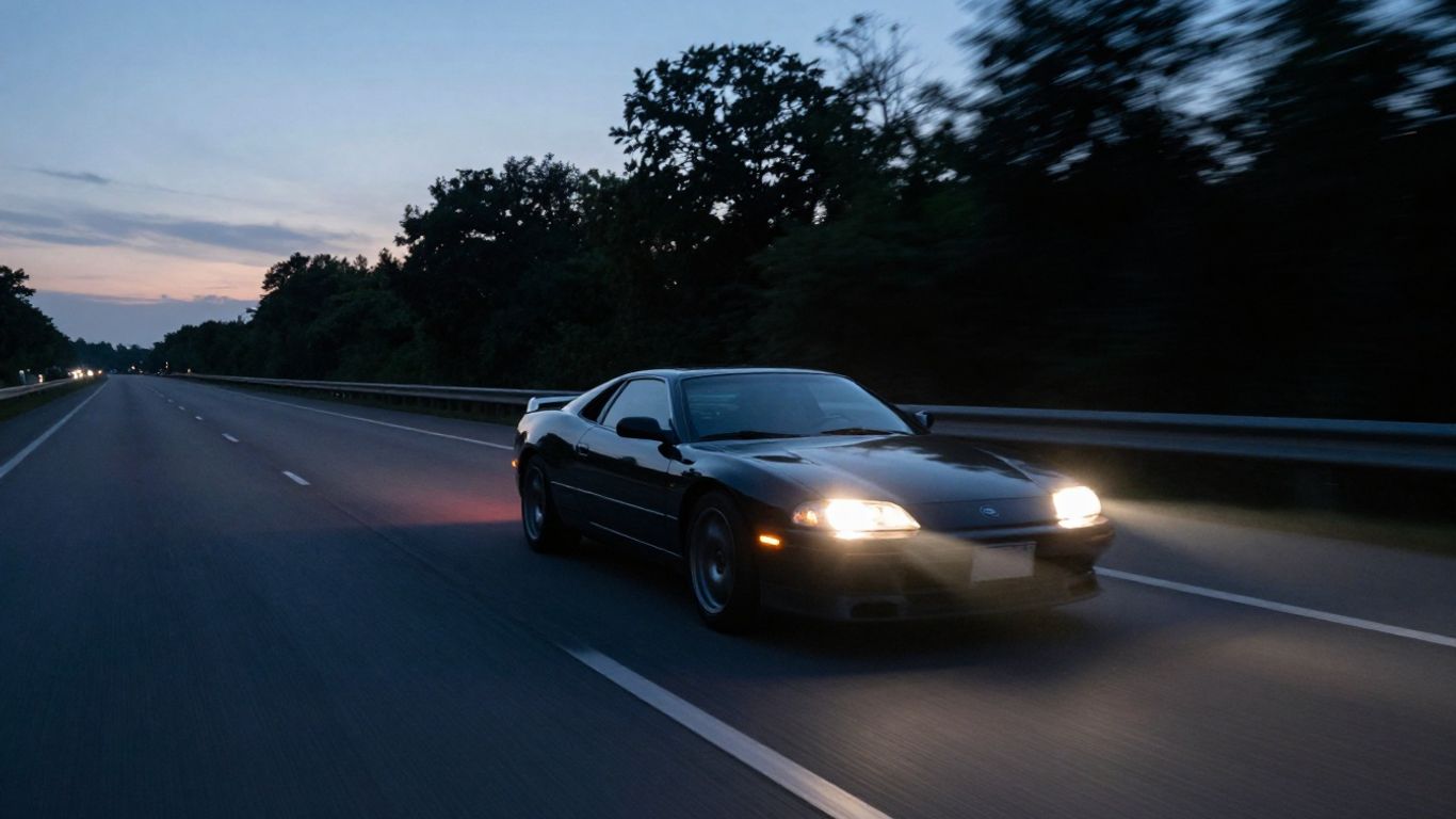 Car speeding on a highway at dusk.