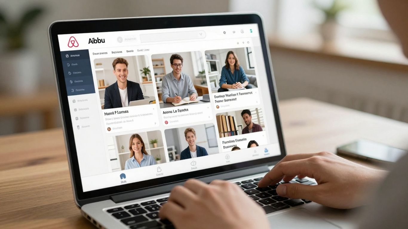 Hands typing on laptop with multiple Airbnb listings on screen.