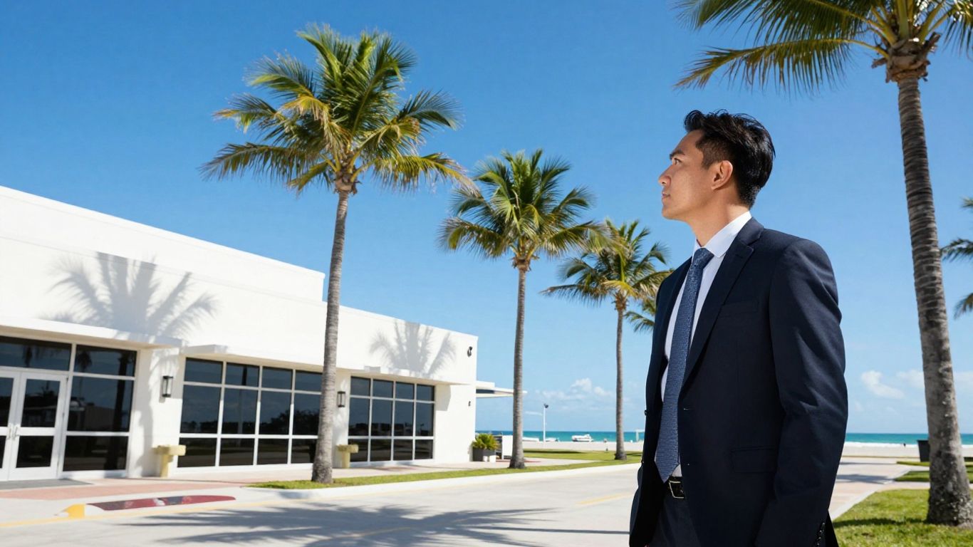Florida commercial building with palm trees and a professional.