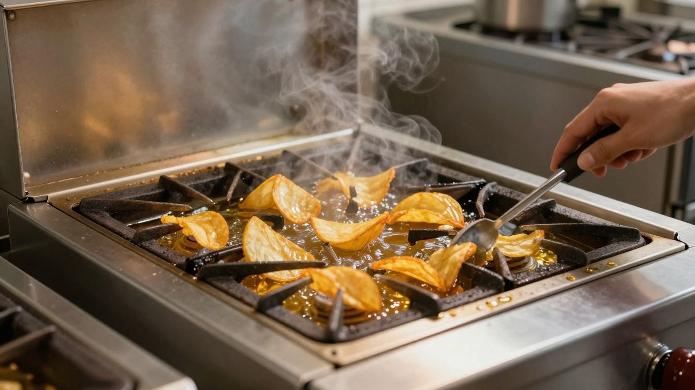 Commercial gas fryer with golden chips