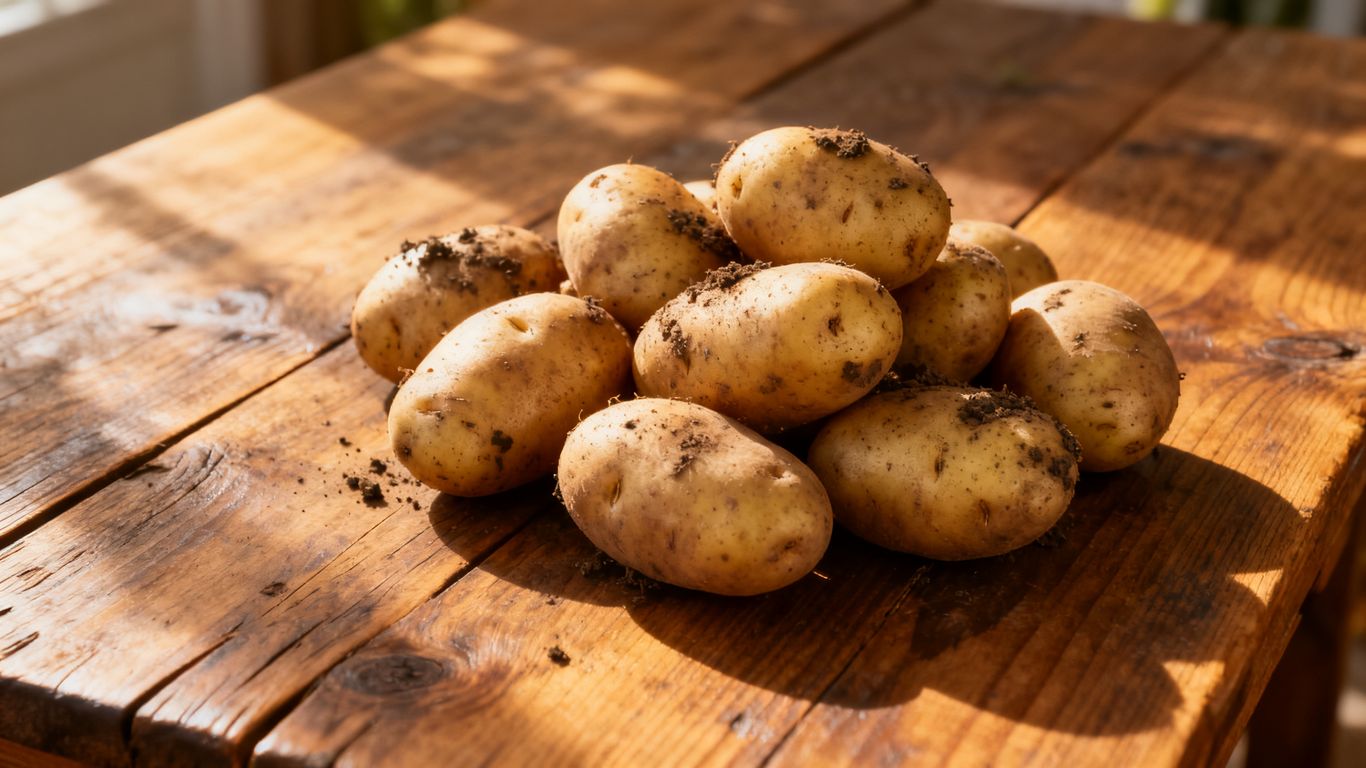 Verse biologische aardappelen op een houten tafel