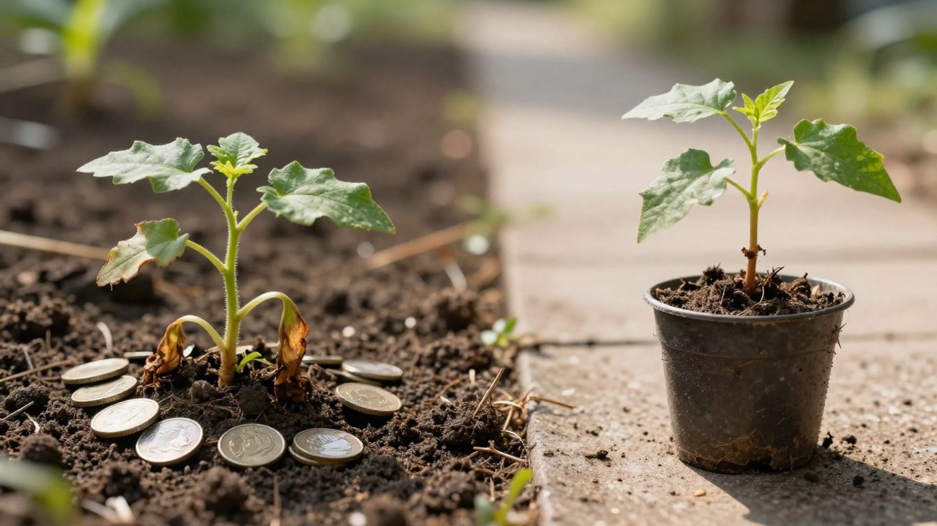 Healthy plant growth versus wilting plant with scattered coins.