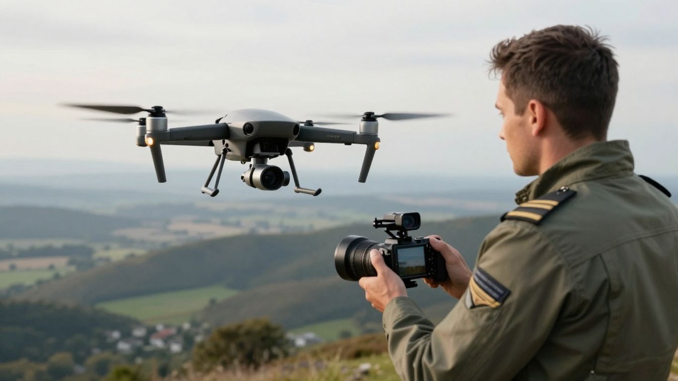 Professional drone with advanced camera system in flight.