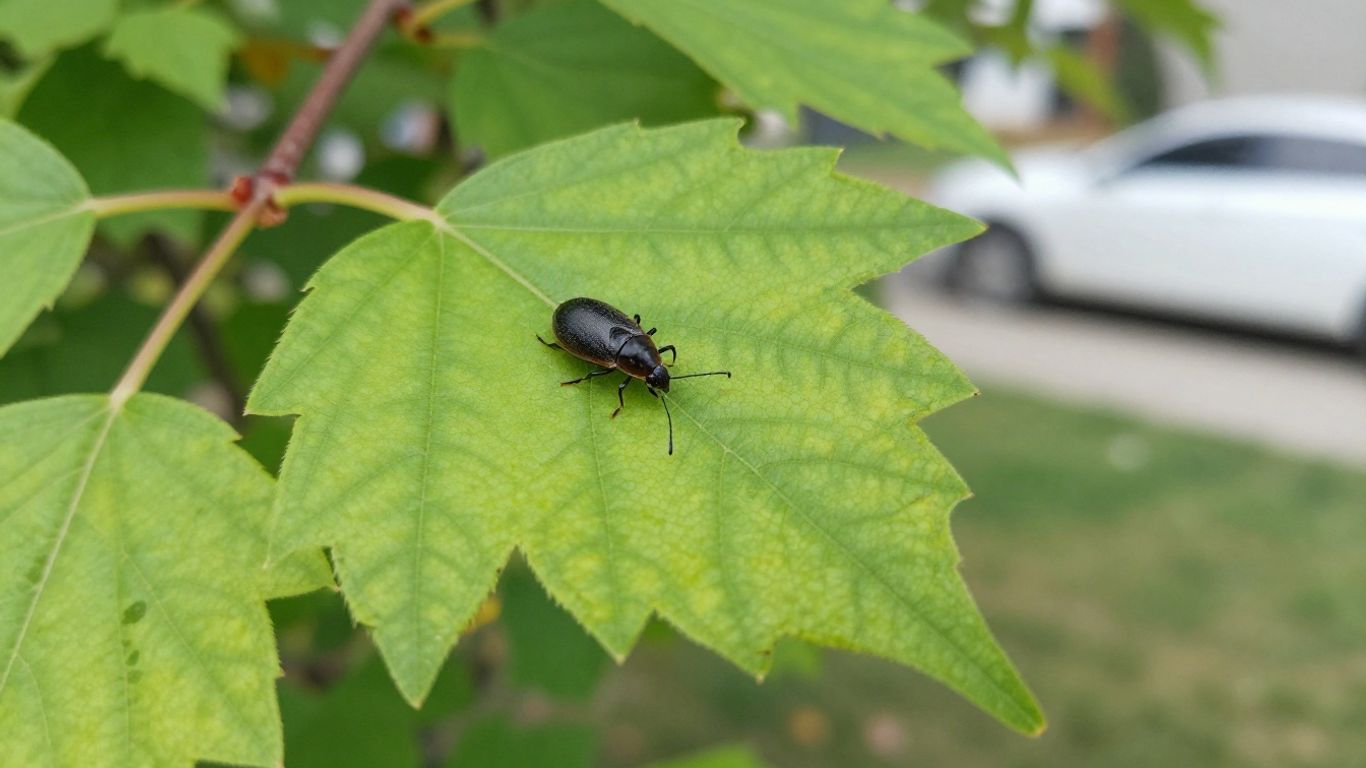Tree leaf with aphid pest in a yard.