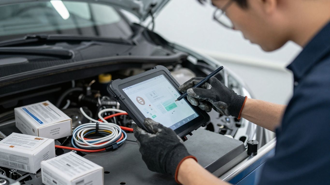 Mechanic checking electric vehicle component costs