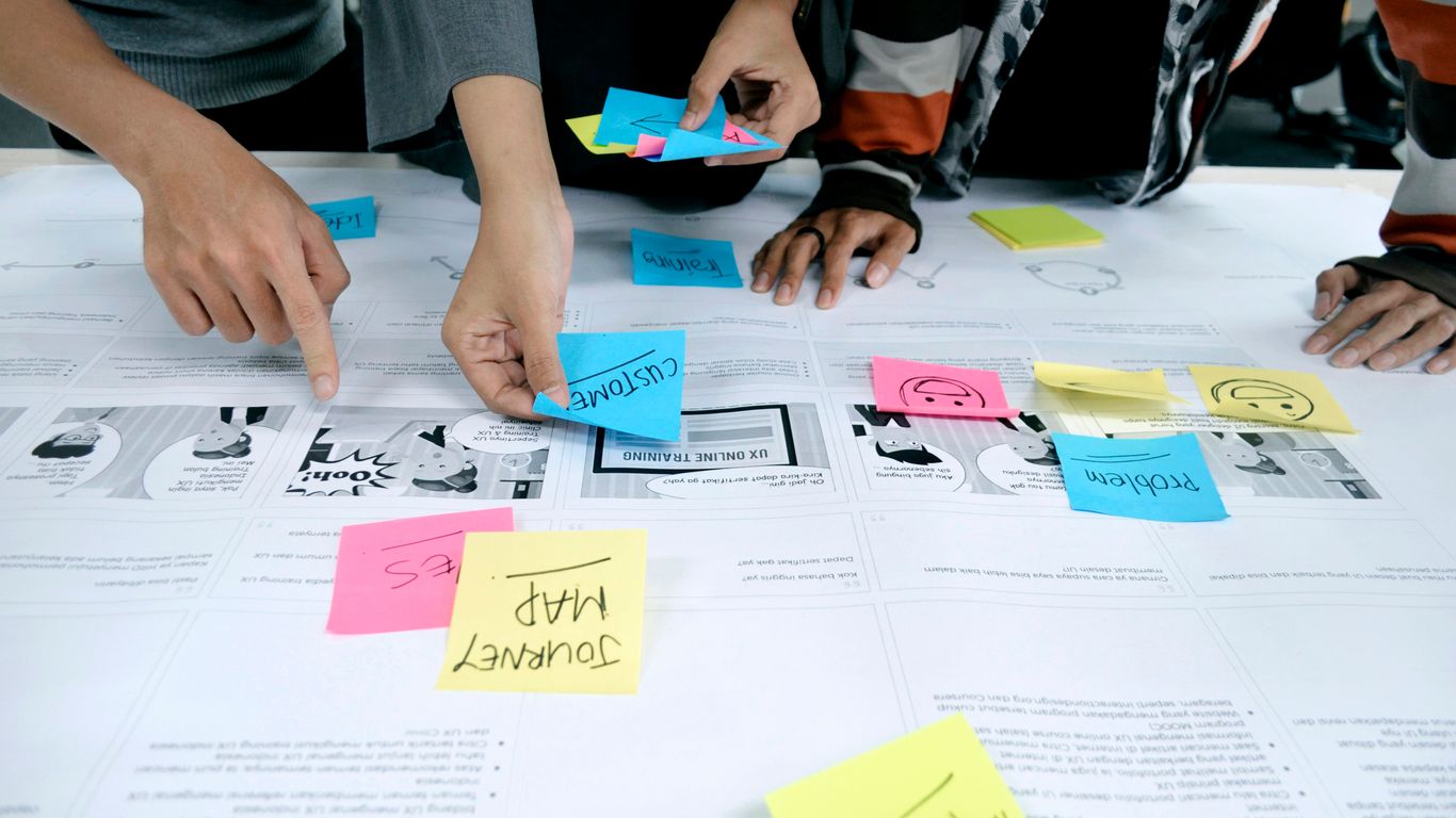 team collaborating with sticky notes