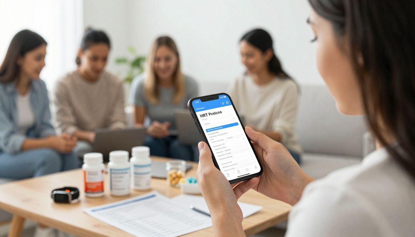 Bright modern health-tech scene showing a diverse adult reviewing an organized HRT protocol tracker on a smartphone beside supplements, lab results, a fitness watch, and a neatly arranged wellness routine; realistic natural lighting, clean contemporary setting, no text or logos