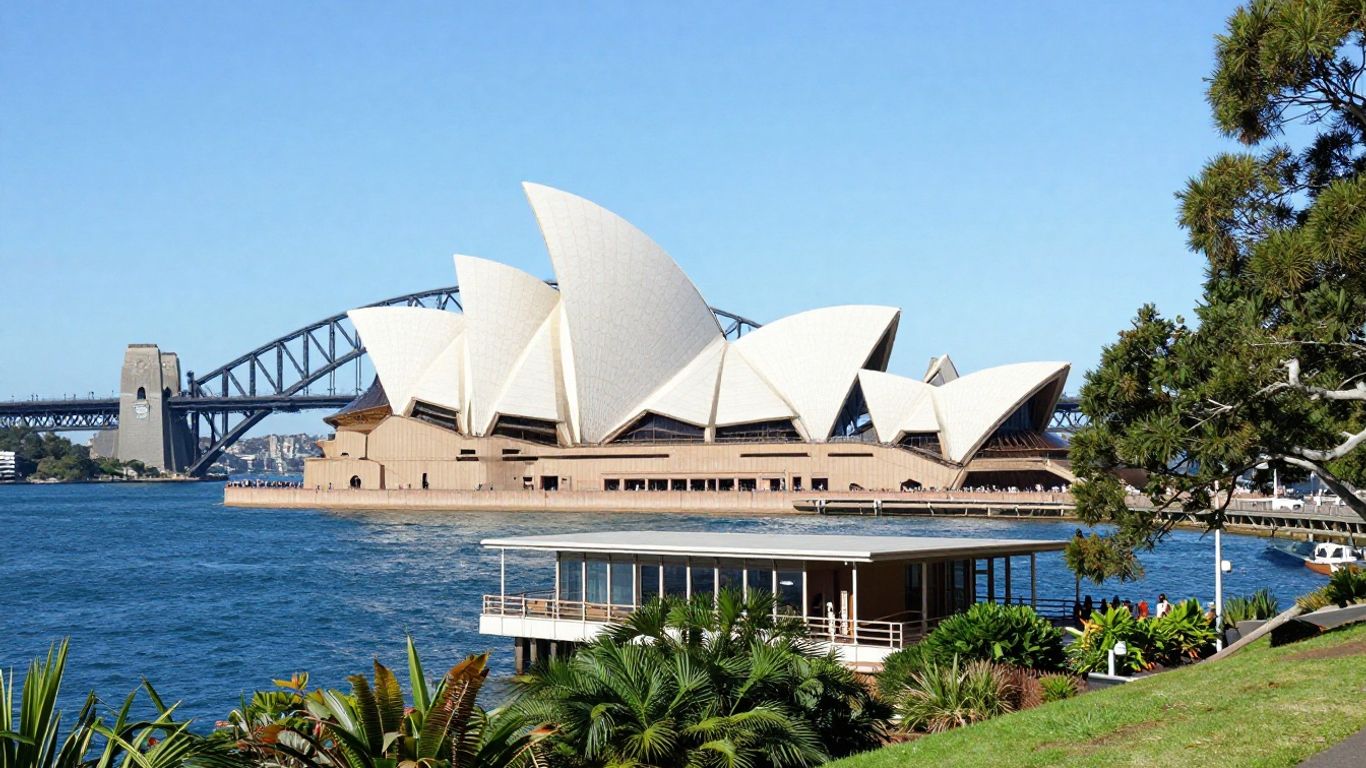Sydney Harbour Bridge and Opera House with hotel.