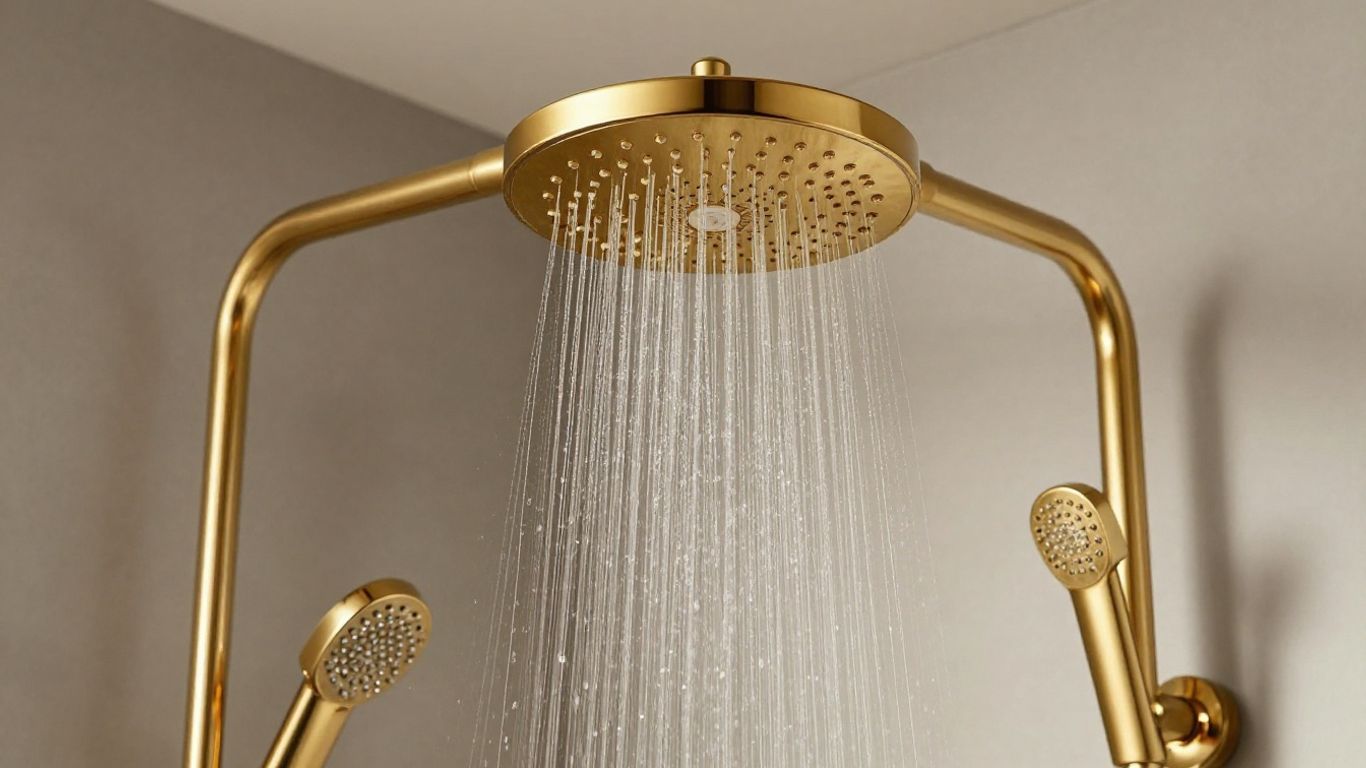 Gold rainfall showerhead with cascading water in a bathroom.