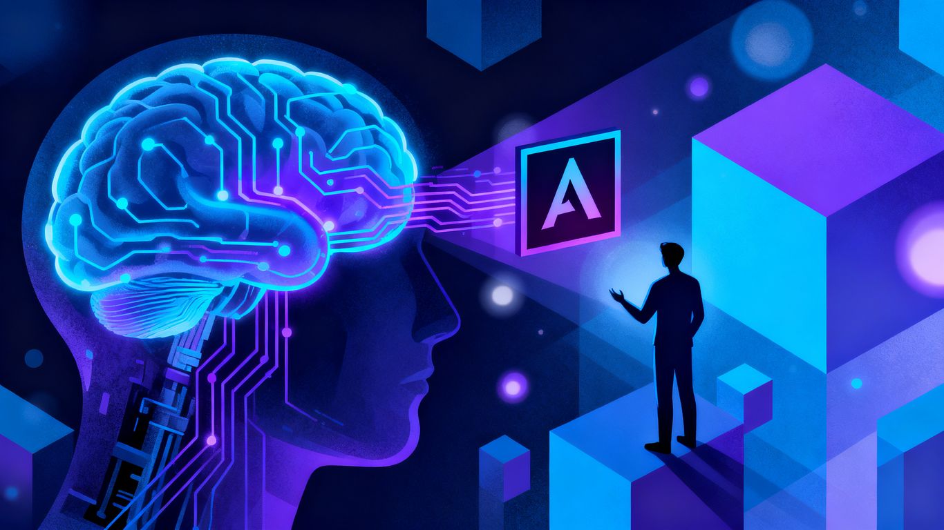 Adobe logo and AI brain merging, digital marketing concept.