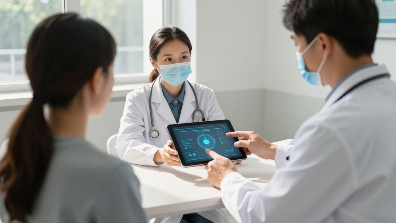 Doctor and patient using a tablet in a clinic.