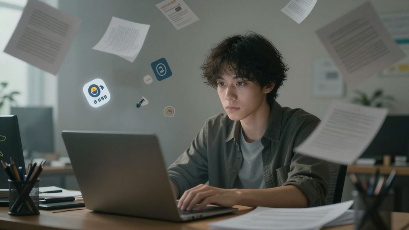 Pessoa com dificuldade de concentração em um ambiente de trabalho.