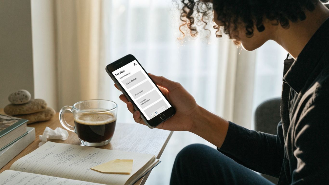 Person browsing a clear small-screen business website