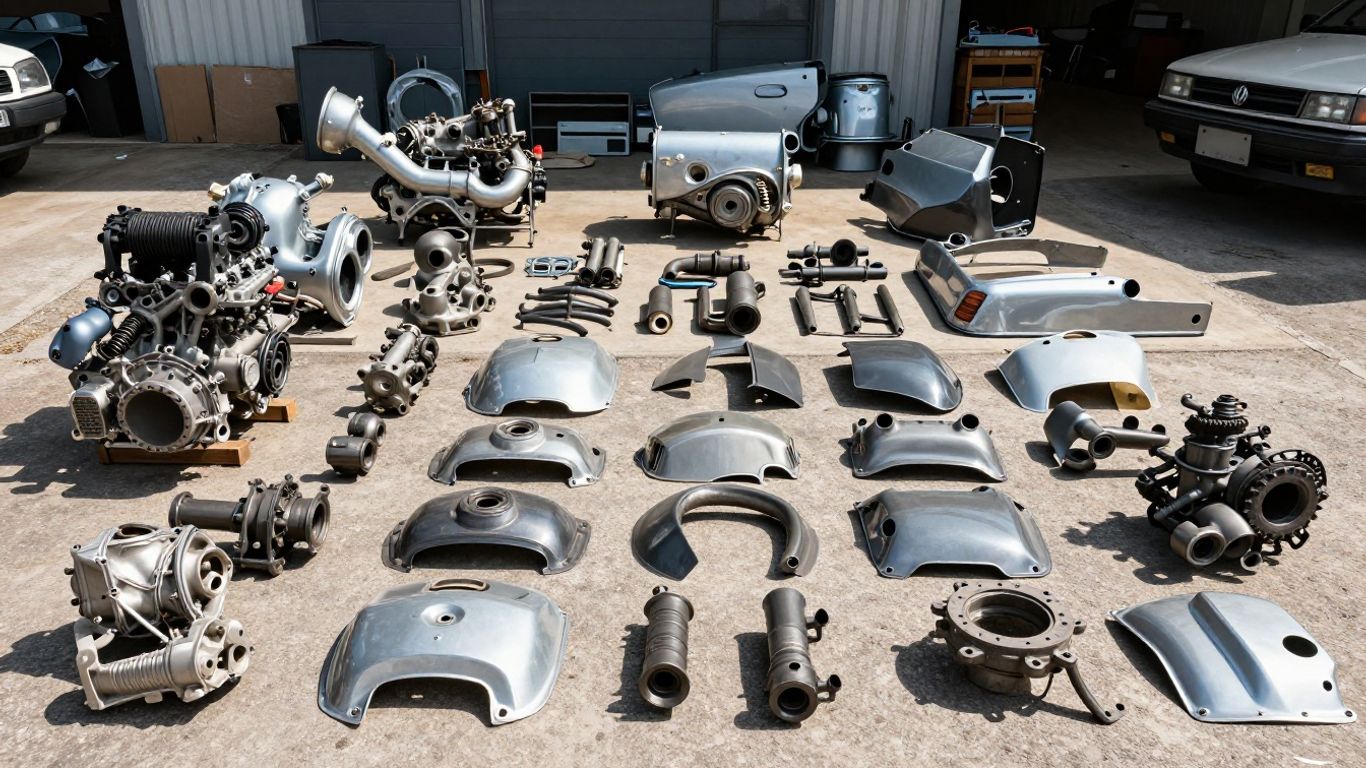 Renault car parts in an auto wrecking yard.
