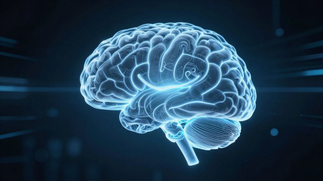 A digital visualization of a brain with interconnected glowing neural pathways