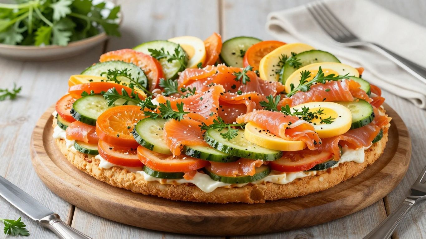 Decorated Swedish sandwich cake with vegetables and salmon