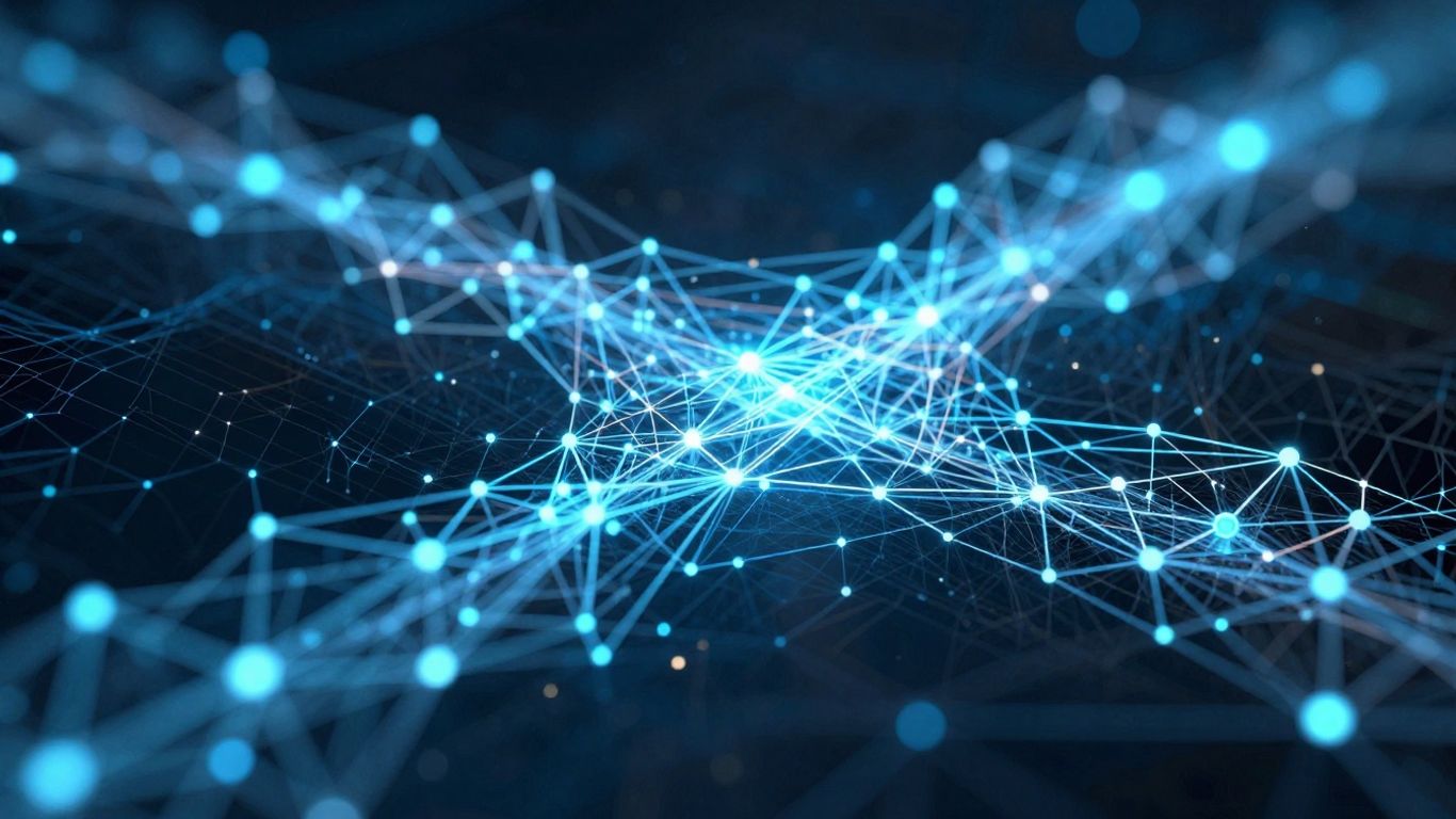 Interconnected digital nodes forming a complex blockchain network.