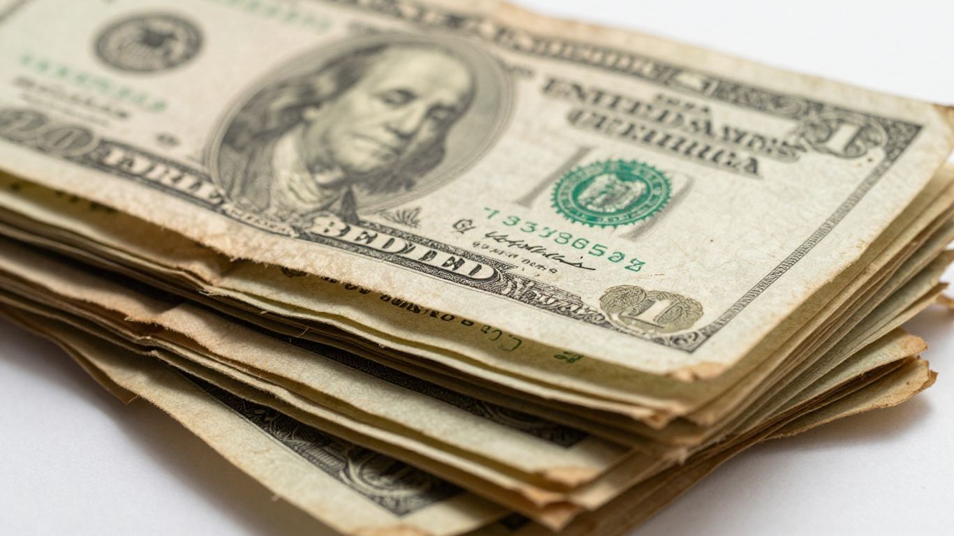 Stack of old paper money with intricate designs.