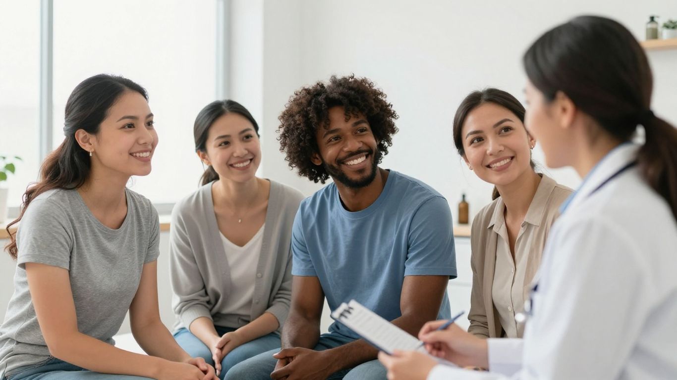 Patients and dermatologist interacting positively in a clinic.