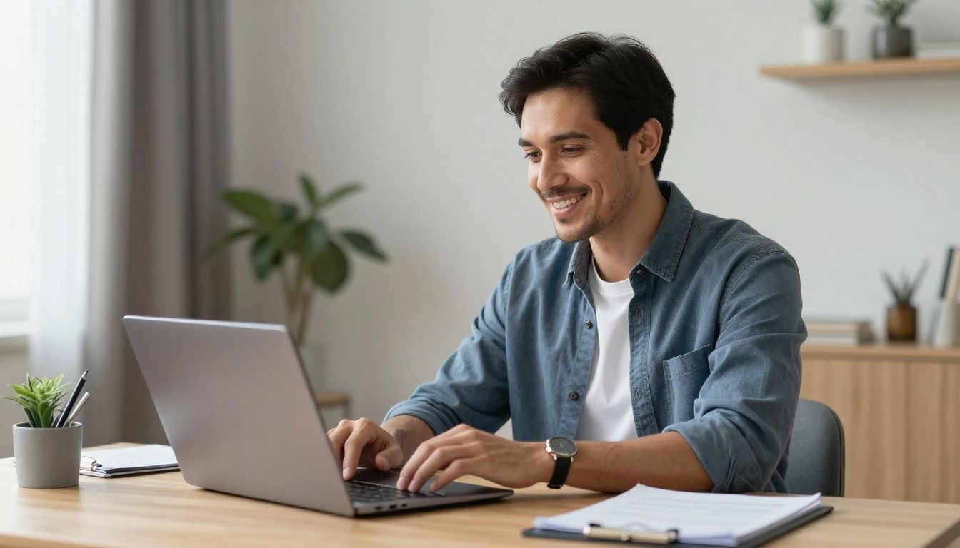 A professional and welcoming image of a confident man in his early 40s having a focused, positive video consultation with a medical provider on a laptop in a modern, well-lit home office, signaling progress and health.