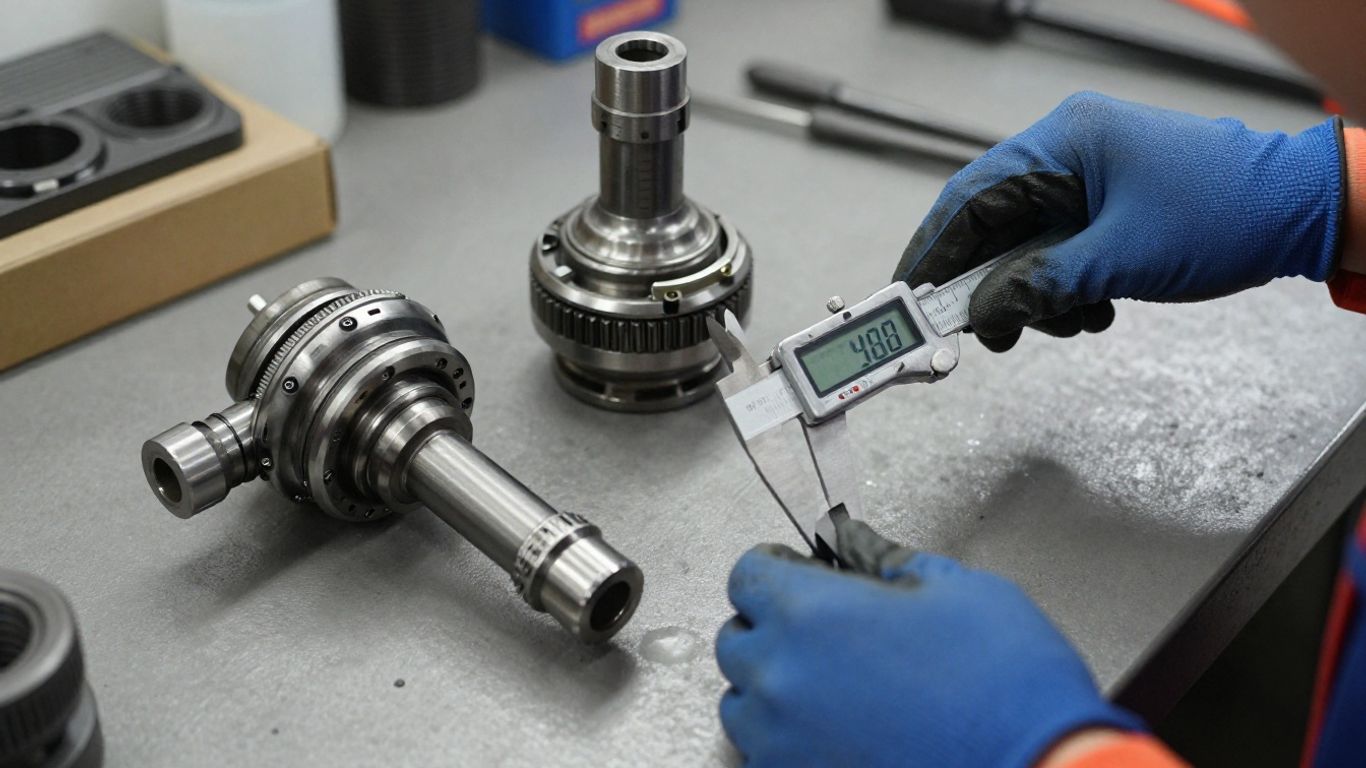 Technician comparing axle parts and measurements