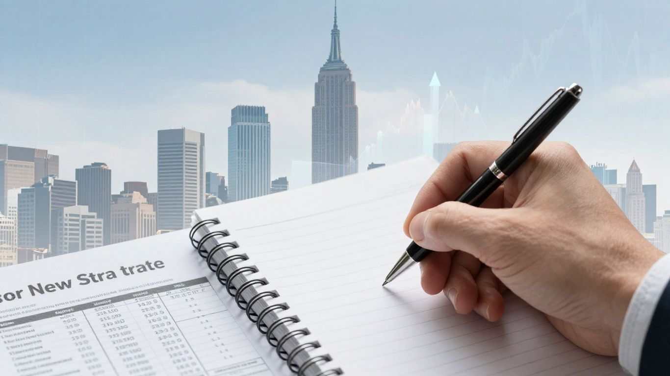 New York State skyline with financial and tax elements.