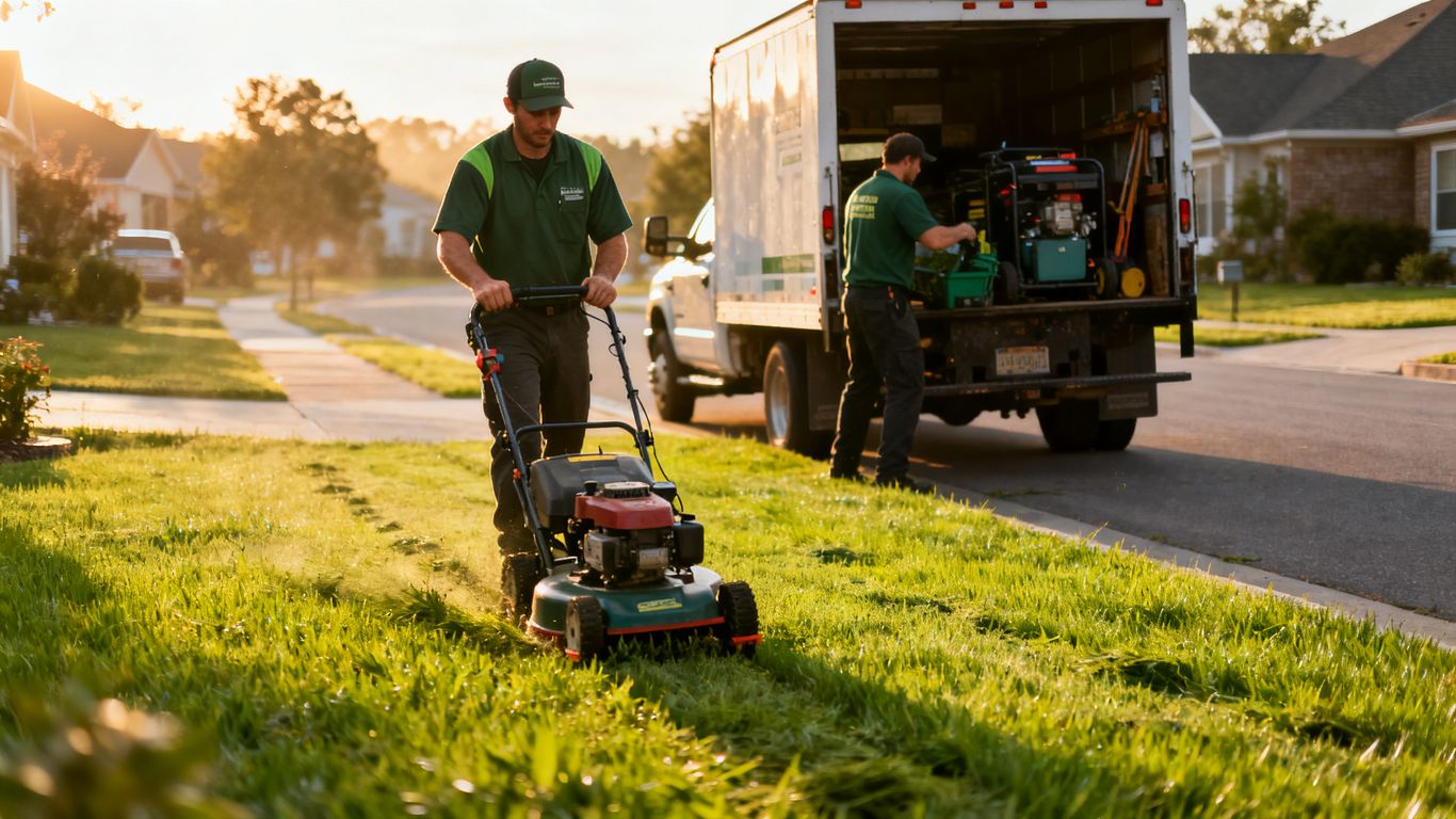 Lawn care crew preparing a yard for spring