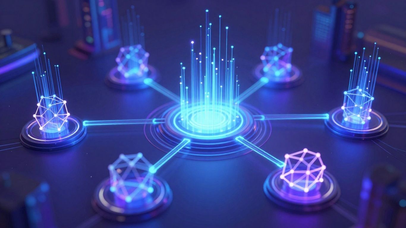 Blockchain and AI integration in a futuristic digital landscape.