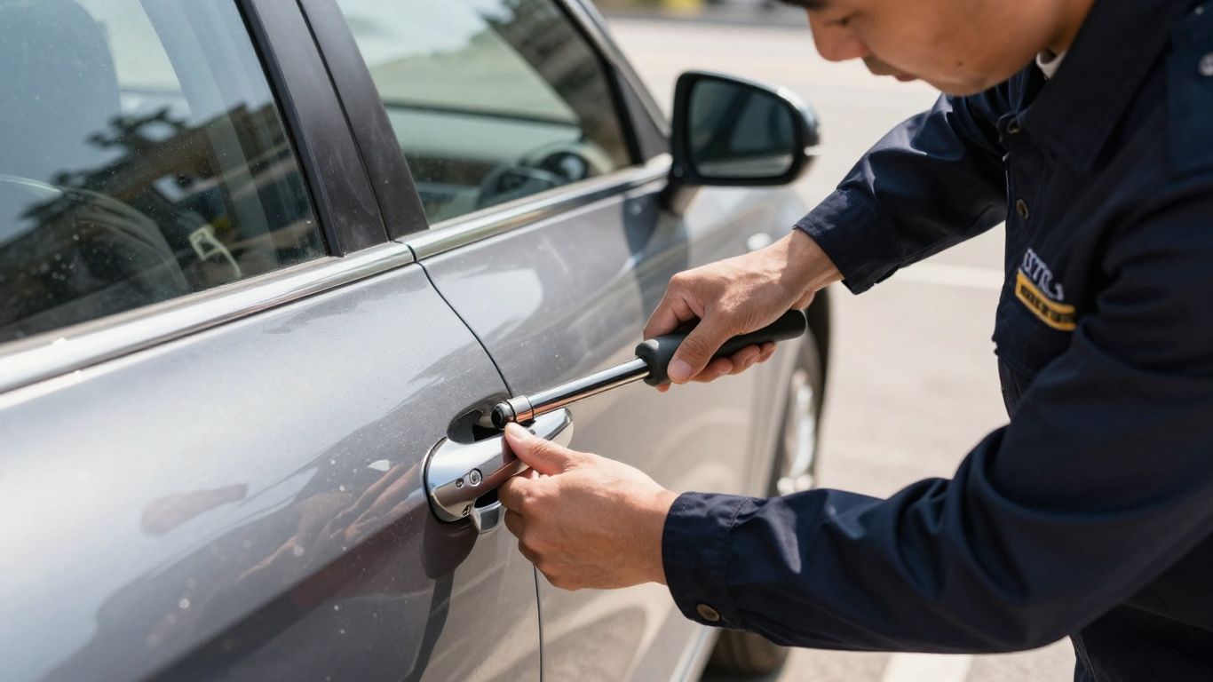 A technician working on a car in a parking lot