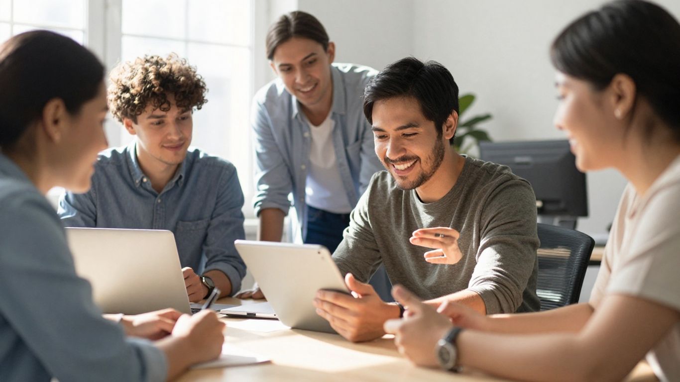 People collaborating and smiling in a bright, modern office.