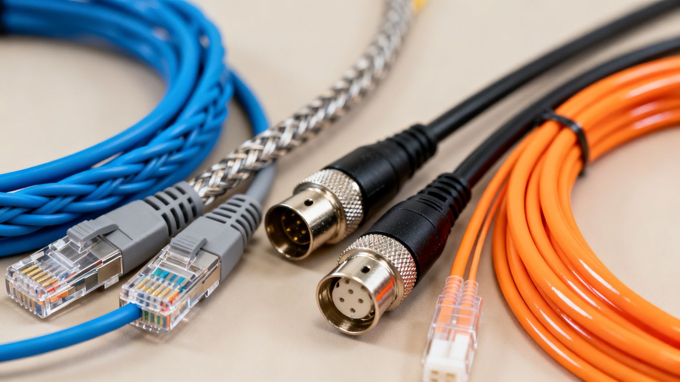 Various network cables like Ethernet, coaxial, and fiber optic.