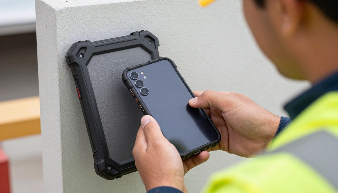 A tradie on a construction site in Perth, checking their Galaxy S26 Ultra which is protected by a rugged, dust-proof case.
