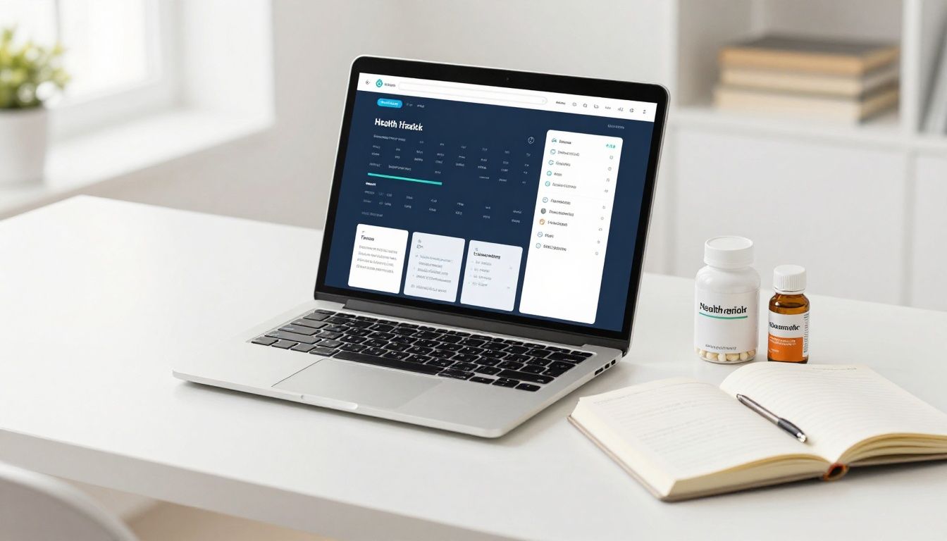 A modern and organized desk setup with a laptop showing a health tracking app, alongside supplements and a journal, in a bright, clean environment.